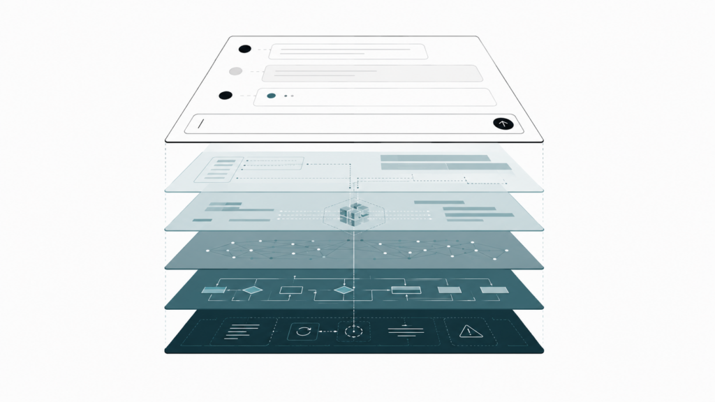 "Diagram showing visible chat interface layer on top with message thread, beneath which transparent layered planes represent hidden system components: prompt instructions, context, model behavior, error handling, and system logic."
