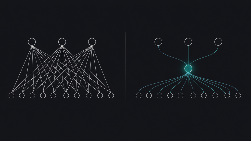 Clean schematic diagram, editorial style, comparing two architectures side by side.
